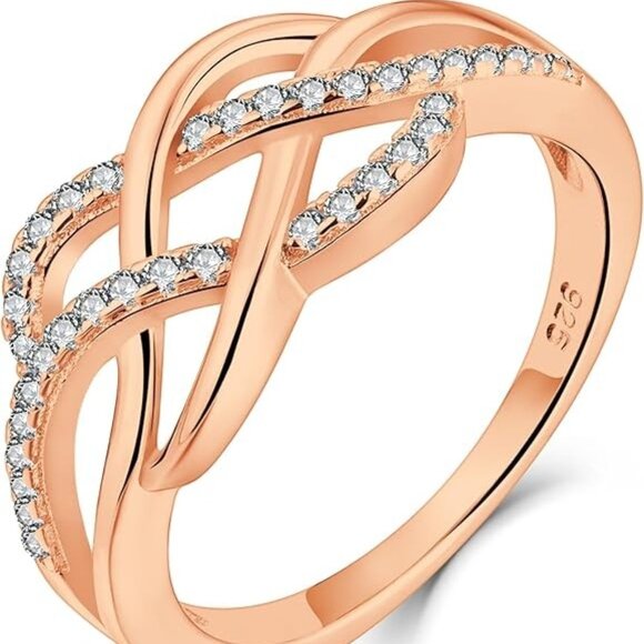 YL Celtic Knot Twisted Knot Ring Birthstone Infinity Rings- Zirconia - Rose Gold - Picture 1 of 5